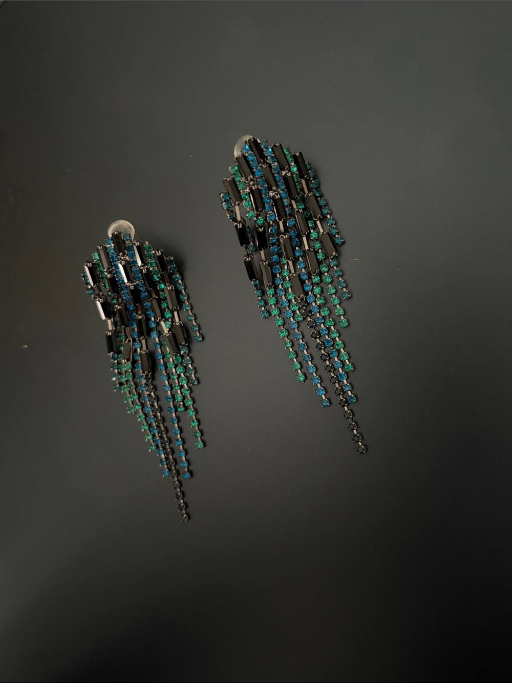Statement Black Earrings with Green & Blue Crystal Fringe